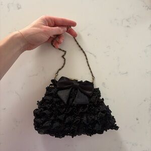 Vintage Black Lace Ruffle Bow Beaded Evening Bag